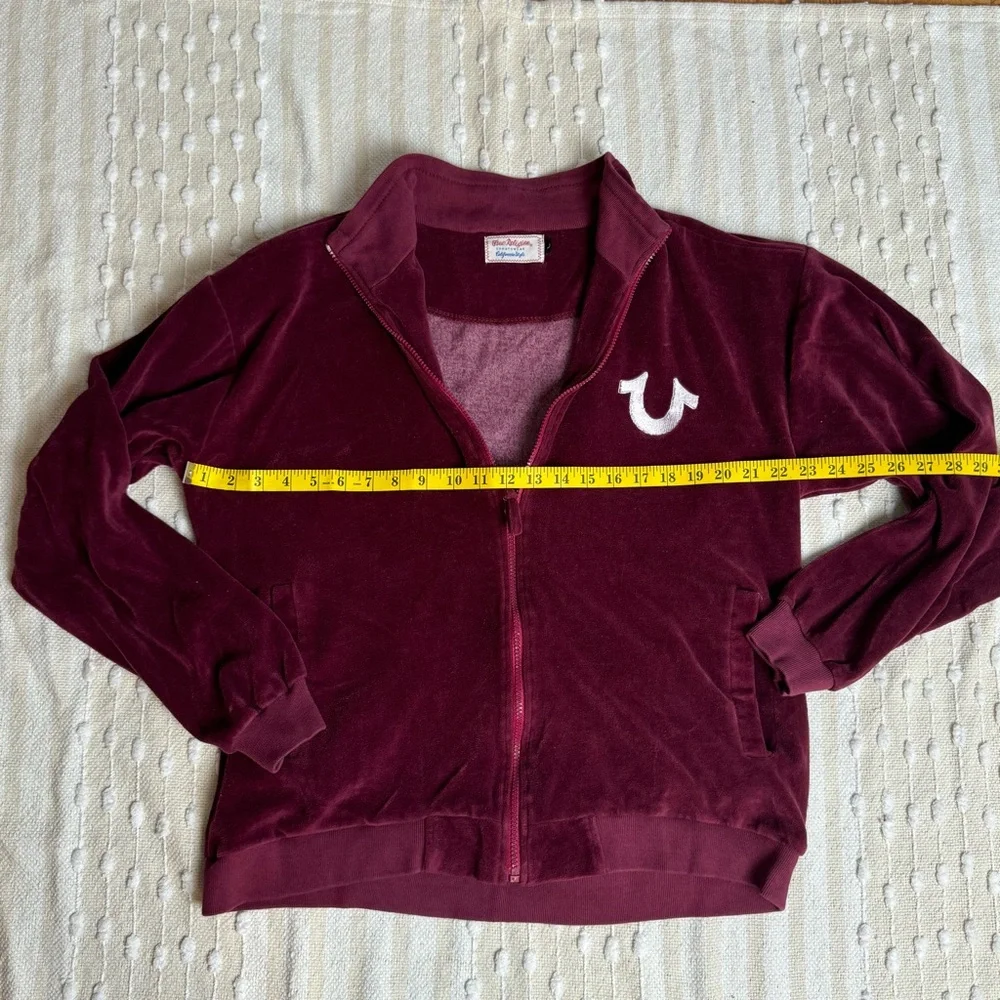 True Religion unisex burgundy velour zip up collared sweatshirt size large - Picture 3 of 8